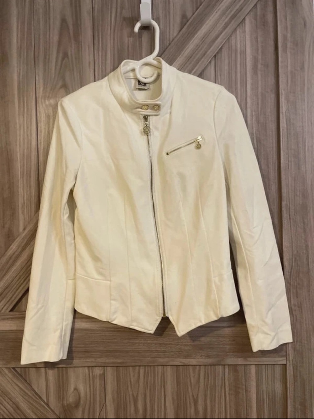 Anne Klein Cream Leather Zip-Front Jacket